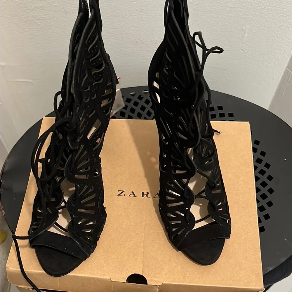 Zara Black Leather/Suede Lace-Up Heels